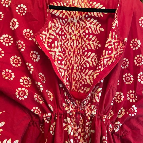 BATIK Red and White Bohemian Cinched Waist Long Maxi Caftan Dress - One Size - Picture 6 of 8